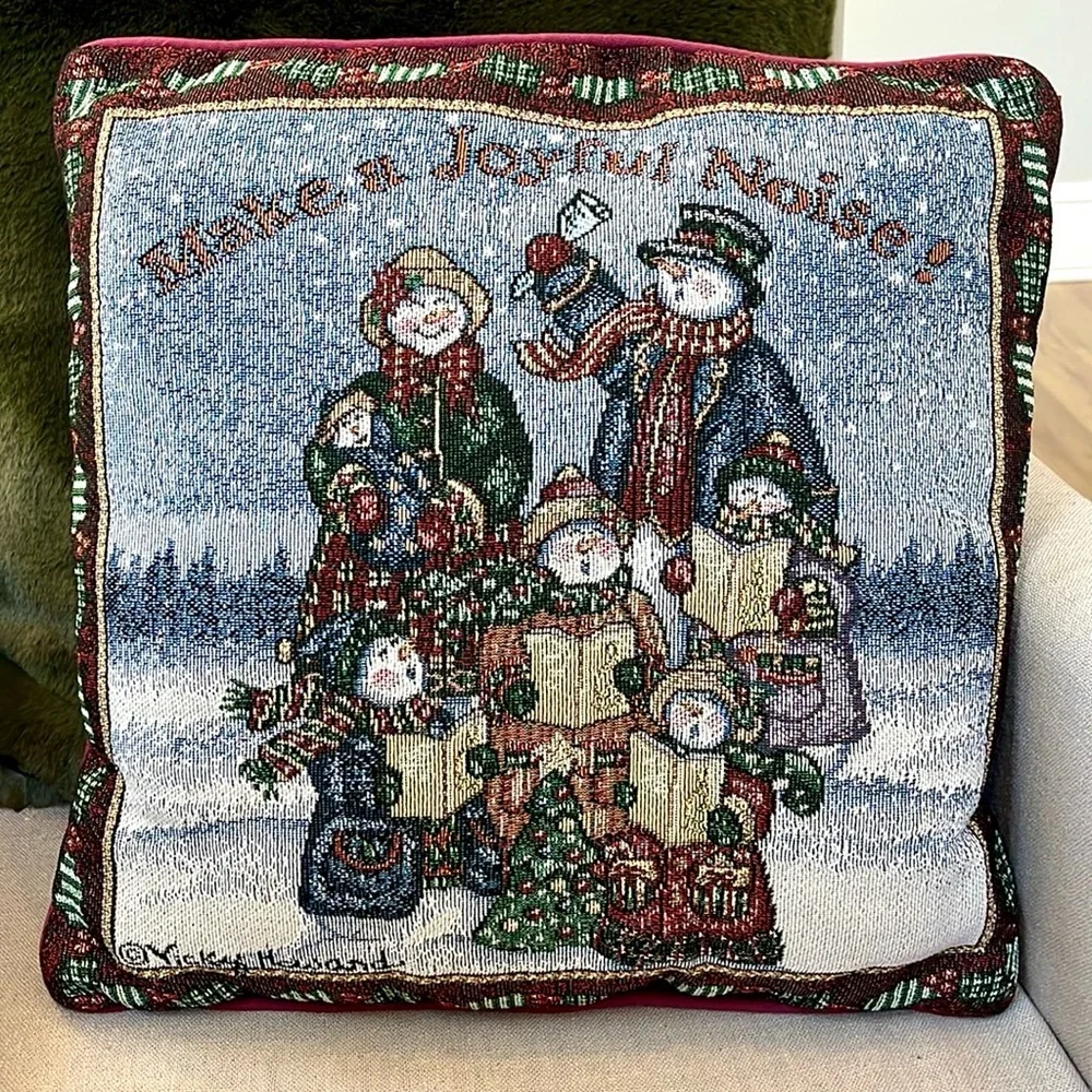 Vintage Holiday Tapestry Snowmen Pillow